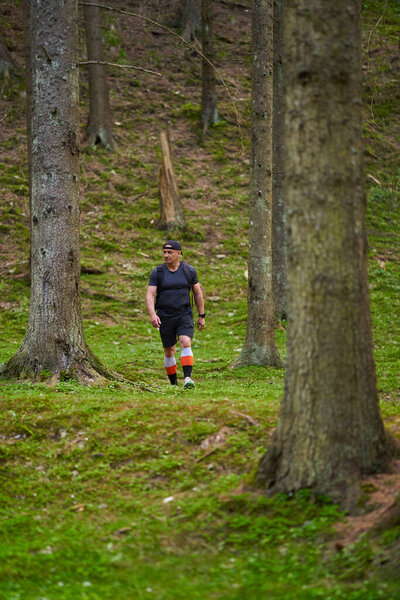 Man hiking alone through conifer forest trail wearing sport gear and backpack