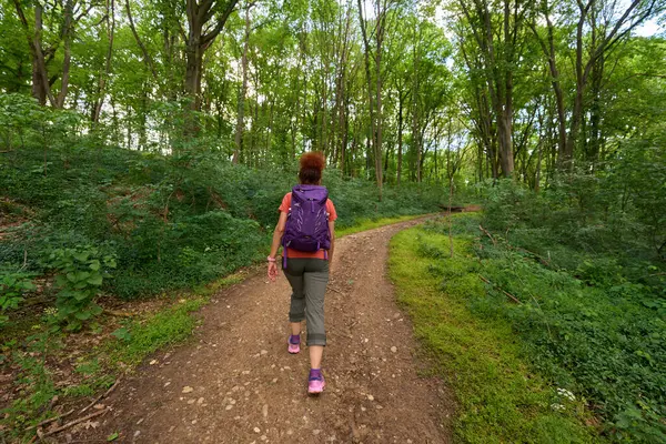 Sırt çantalı bir kadın bir bahar günü orman yolunda tek başına yürüyüş yapıyor.