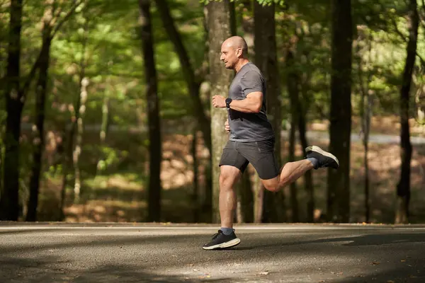 Olgun bir adam doğal ortamdaki antrenman sırasında kaldırımlı orman yolunda koşuyor.