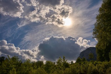 Güneş ışığı, orman ve uzak dağ sırtı üzerindeki dramatik bulutları delip geçiyor.