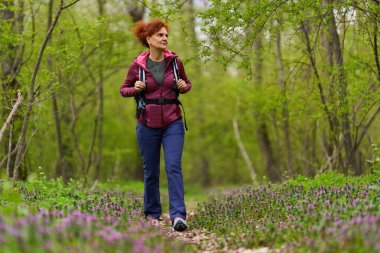Çiçek açan kır çiçekleriyle bereketli bahar ormanlarında yürüyüş yapan bir kadın.