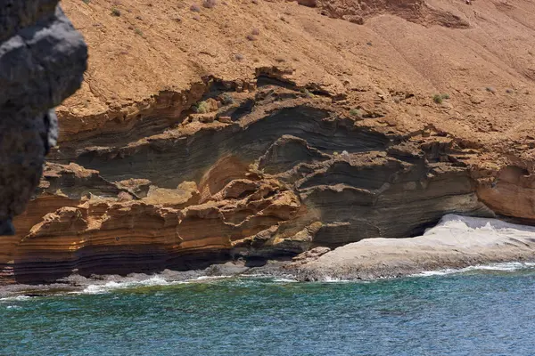 Tenerife 'deki Playa de Montana Amarilla' da okyanusun üzerindeki volkanik kayalıklar. 