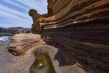 Playa de Montana Amarilla, Tenerife 'de Atlantik Okyanusu' yla buluşan katmanlı kumtaşı kayalıkları