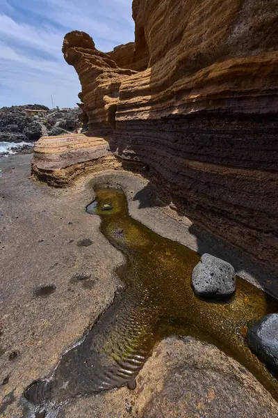 Playa de Montana Amarilla, Tenerife 'de Atlantik Okyanusu' yla buluşan katmanlı kumtaşı kayalıkları