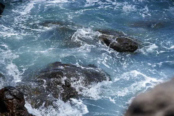 Dalgalar Tenerife Adası 'ndaki Malpais de Guimar kıyısı boyunca volkanik kayalara çarpıyor.