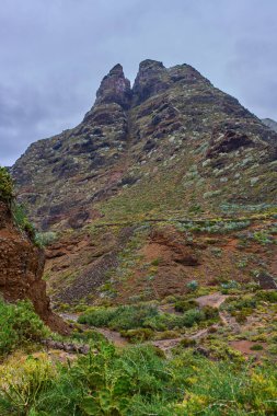Anaga, Tenerife 'deki Roque Dos Hermanos' un volkanik kaya oluşumu dağınık bitki örtüsüyle kaplanmış gökyüzü altında