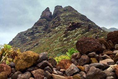 Anaga, Tenerife 'deki Roque Dos Hermanos' un volkanik kaya oluşumu dağınık bitki örtüsüyle kaplanmış gökyüzü altında