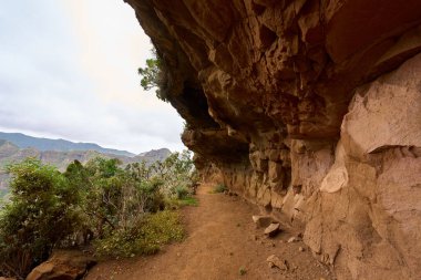 Anaga Tenerife 'deki aşınmış uçurumun aşağısında dönen volkanik yol daralıyor.