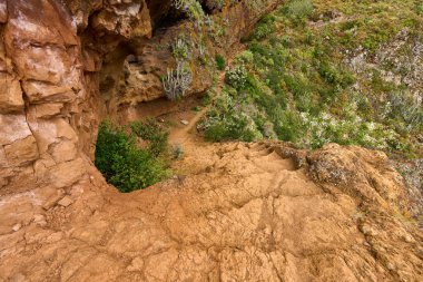 Anaga bölgesinde, Tenerife 'de bir dağ yolunda taşa oyulmuş antik adımlar.