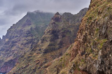 Tenerife 'deki Anaga' nın dik dağlarının manzarası, Laurisilva ormanları ve bitkilerle kaplıdır.