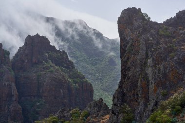 Sisle kaplanmış ve Teno dağlık arazisinde bitki örtüsüyle kaplanmış dramatik dikey uçurumlar.
