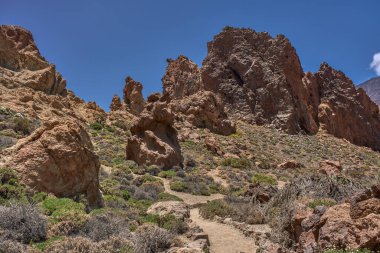 Kurak volkanik arazide, güneşli bir gökyüzünün altında, Roques de Garcia 'nın kaya oluşumlarına doğru giden kıvrımlı yürüyüş yolu.