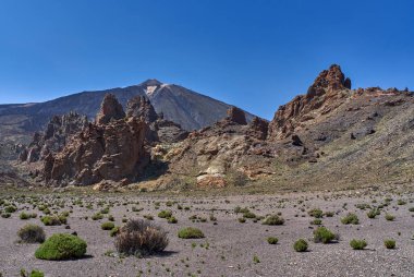 Roques de Garcia 'nın volkanik kaya oluşumları. Piko del Teide açık mavi gökyüzünün altında yükseliyor.