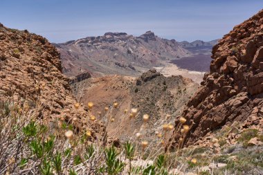 Las Canadas Caldera kenarı görünür yürüyüş yolları ve katmanlı volkanik arazisiyle 