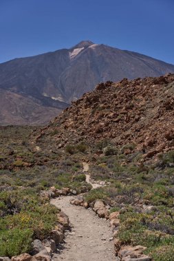 Volkanik araziden Teide Dağı Ulusal Parkı 'na doğru uzanan kayalık kenarları olan dolambaçlı yürüyüş yolu.