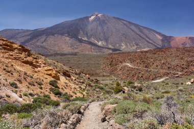 Teide Ulusal Parkı 'ndaki Pico del Teide volkanı eteğinde kıvrımlı patikaları ve lav tarlaları olan volkanik yamaçlar.