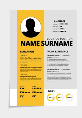 Tasarım şablonu minimalist özgeçmişine devam et. İş başvuruları için iş planı vektörü. A4 boyutu.