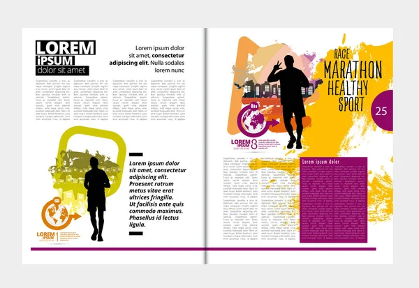 Sport Magazine Brochure Layout Easy Editable Running Marathon People Run — Stock Vector