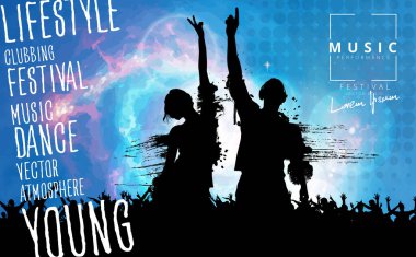 Genç mutlu insanlar dans ediyor. Gece hayatı ve müzik festivali konsepti. Vektör