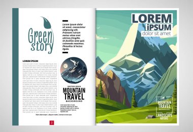 Brochure, ebook or presentation mockup ready for use, vector illustration with flat style background. Mountain background at cartoon style.