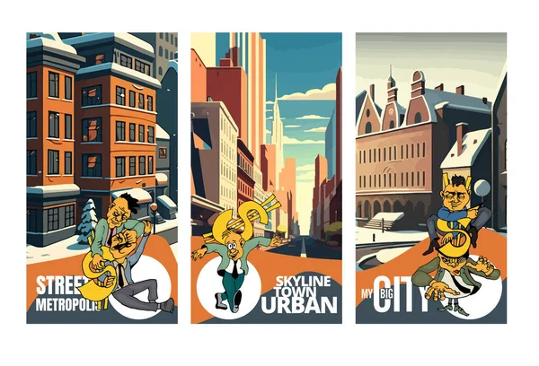 Escena Ciudad Personajes Dibujos Animados Bruja Vector Fondo — Vector de stock