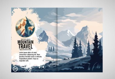 Brochure, ebook or presentation mockup ready for use, vector illustration with flat style background. Mountain background at cartoon style.