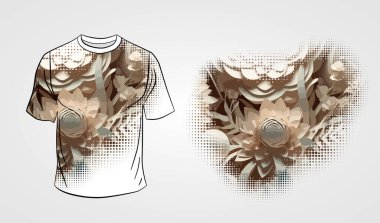 Beyaz tişörtün ön tarafı, çiçekli gri bir arka planda izole edilmiş..