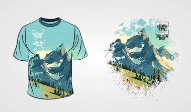 The front side of the white T-shirt isolated on a grey background with mountain subject clipart