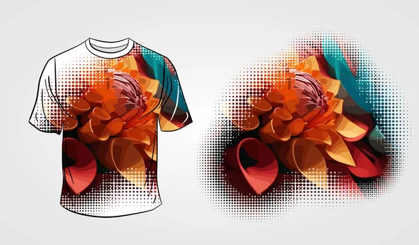 Framsidan Den Vita Shirten Isolerad Grå Bakgrund Med Blommigt Motiv — Stock vektor