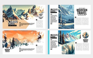 Brochure, ebook or presentation mockup ready for use, vector illustration with flat style background. Mountain background at cartoon style.