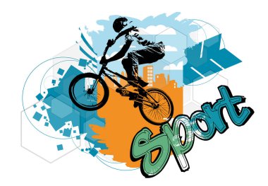 Aktif adam. Soyut spor arka planında BMX sürücüsü, vektör.