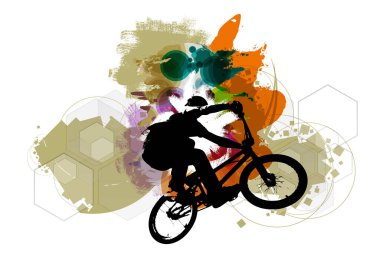 Aktif adam. Soyut spor arka planında BMX sürücüsü, vektör.