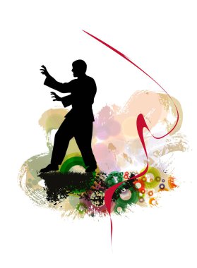 Karate, dövüş sanatları. Yüksek tekme, vektör illüstrasyonu