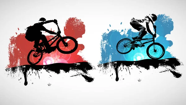 Bmx Sürücüleri Aktif Gençler Bisiklet Üzerinde Numaralar Yapıyorlar — Stok Vektör