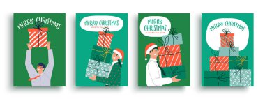 Noel ofis partisi davetiyesi. İş kadını ve adamın hediye kutusu yığınını gösteren tebrik kartı çizimi. Şirket etkinliği için kış tatili kutlama tasarımı.