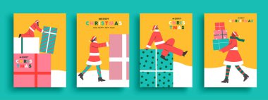 Noel Baba kostümlü ve büyük bir Noel hediyesi kutusu olan çeşitli insanların Noel tebrik kartı seti çizimi kutlu olsun. Tatil sezonu sahne koleksiyonu, Noel Baba 'nın yardımcıları elf grubu birlikte çalışıyor..