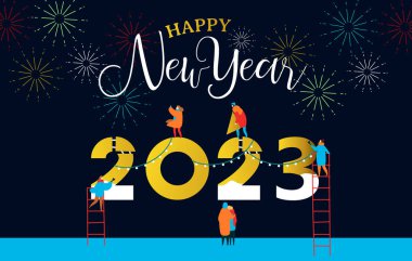 Mutlu yıllar 2023 gençlerin tebrik kartı birlikte çalışarak parti havai fişekleri ile büyük takvim tarih işareti yapıyorlar. Arkadaş grubu ya da aile tatil yardımı kavramı.