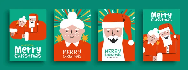 圣诞快乐贺卡图片说明一套快乐的圣诞老人和妻子在一起 圣诞节庆祝活动中有趣的寒假卡通人物 — 图库矢量图片