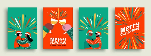 圣诞快乐新年快乐卡片上的各种男女朋友拥抱的图解 平面卡通风格的节日友谊庆祝设计 — 图库矢量图片