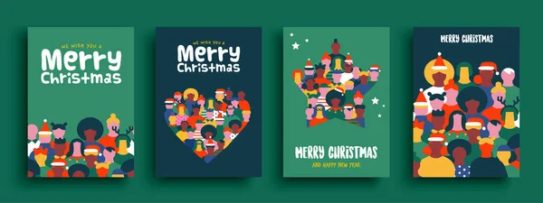 Frohe Weihnachten Grußkarte Illustration Set Von Verschiedenen Festlichen Menschen Drängen — Stockvektor