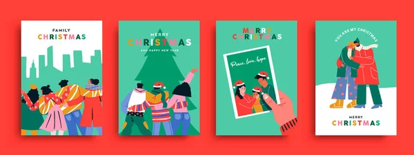 Merry Christmas Greeting Card Illustration Set People Hugging Modern Flat — Stock Vector