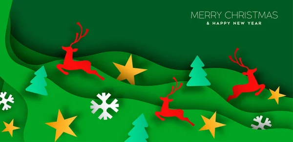 メリークリスマスあけましておめでとうございます 3D紙は 緑の波の背景に休日の装飾をカット 祭りのクリスマスクラフトのアイコンは トナカイ 雪の結晶と松の木が含まれています — ストックベクタ