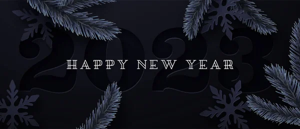 ハッピーニューイヤー2023グリーティングカードイラスト 雪のフレークとクリスマス松の木の枝と黒の3Dペーパーカット番号の日付のサインの背景 現代のホリデーイベント招待デザイン — ストックベクタ