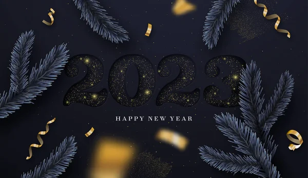 Szczęśliwego Nowego Roku 2023 Ilustracja Kartki Okolicznościowej Luksusowy Złoty Brokat — Wektor stockowy