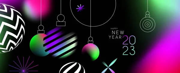 ハッピーニューイヤー2023現代抽象幾何学的なデザインスタイルのバナーテンプレートイラスト 休日のお祝いイベントのための黒の背景にカラフルな光ぼかしグラデーション泡の装飾 — ストックベクタ