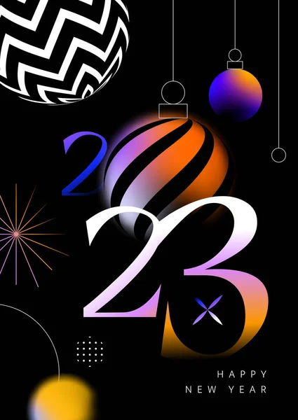 新年快乐2023年网页模板插图以现代抽象几何设计风格 节日庆祝活动的黑色背景上色彩斑斓的浅色模糊渐变装饰 — 图库矢量图片