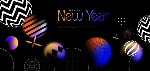 現代抽象幾何学的なデザインスタイルで幸せな新年のWebテンプレートイラスト 休日のお祝いイベントのための黒の背景にカラフルな光ぼかしグラデーション装飾 — ストックベクタ