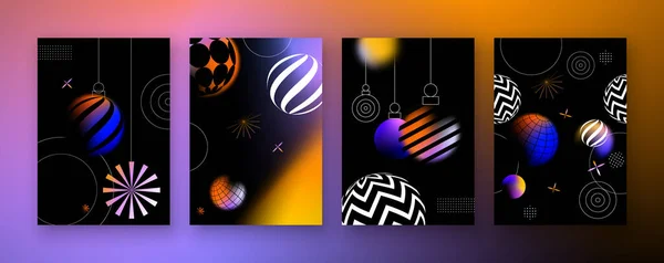 ハッピーニューイヤーギフトカードセットイラストで現代抽象幾何学的なデザインスタイル 休日のお祝いイベントのための黒の背景にカラフルな光ぼかしグラデーション泡の装飾でコレクション — ストックベクタ