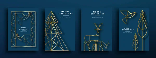 Merry Christmas Happy New Year Greeting Card Illustration Set Gold — Stock Vector