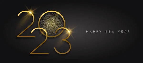 新年快乐2023金豪华贺卡设计矢量插图 黑色背景上闪烁着金色尘埃的日历日期标志 — 图库矢量图片